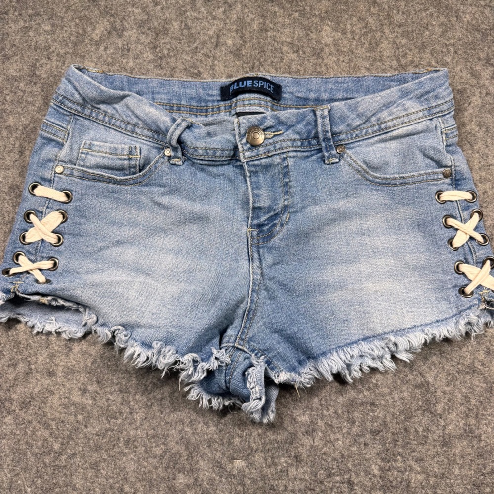 Blue Spice Lace Up Side Denim Shorts Light Wash Frayed Raw Hem Size 7/8